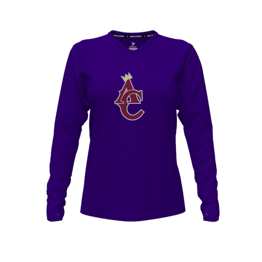 [CUS-DFW-TEES-CMF-VNK-LSL-PUR-FYXS-LOGO1] Decker Comfort T-Shirt (Female Youth XS, Purple, V Neck, Logo 1, Long Sleeve)